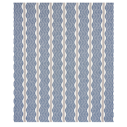 Blue wavy vertical stripes on a light beige background; textile fabric pattern.