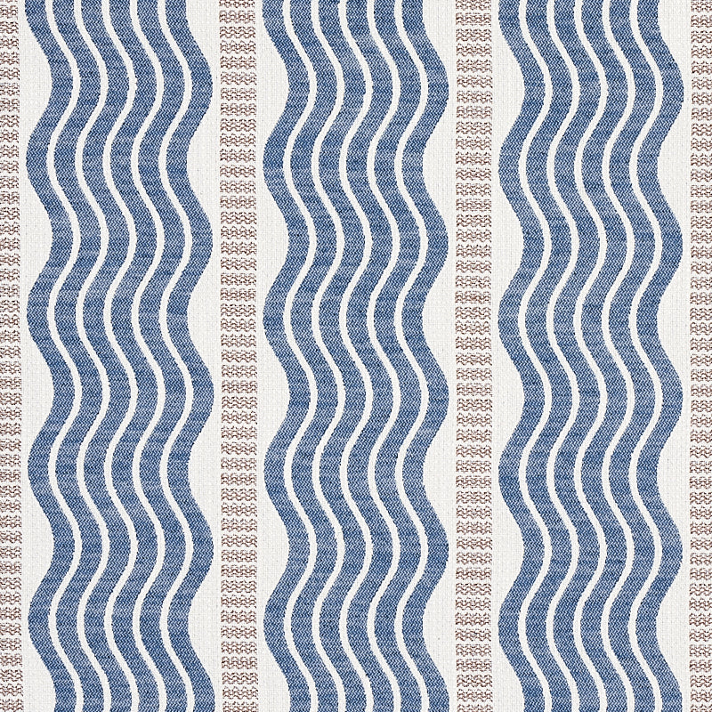 Blue wavy stripe rug pattern with narrow beige dotted vertical stripes; nautical woven textile