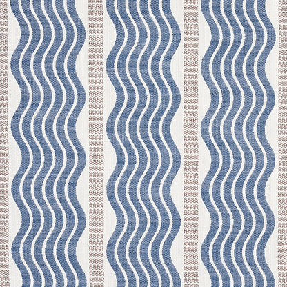 Blue wavy stripe rug pattern with narrow beige dotted vertical stripes; nautical woven textile