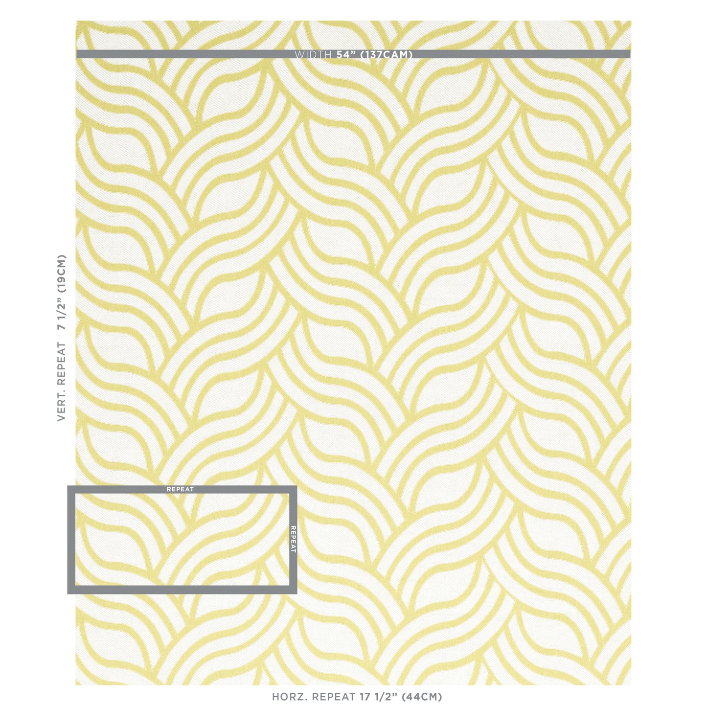 Mustard-yellow wavy leaf-pattern wallpaper sample with repeating curved lines.