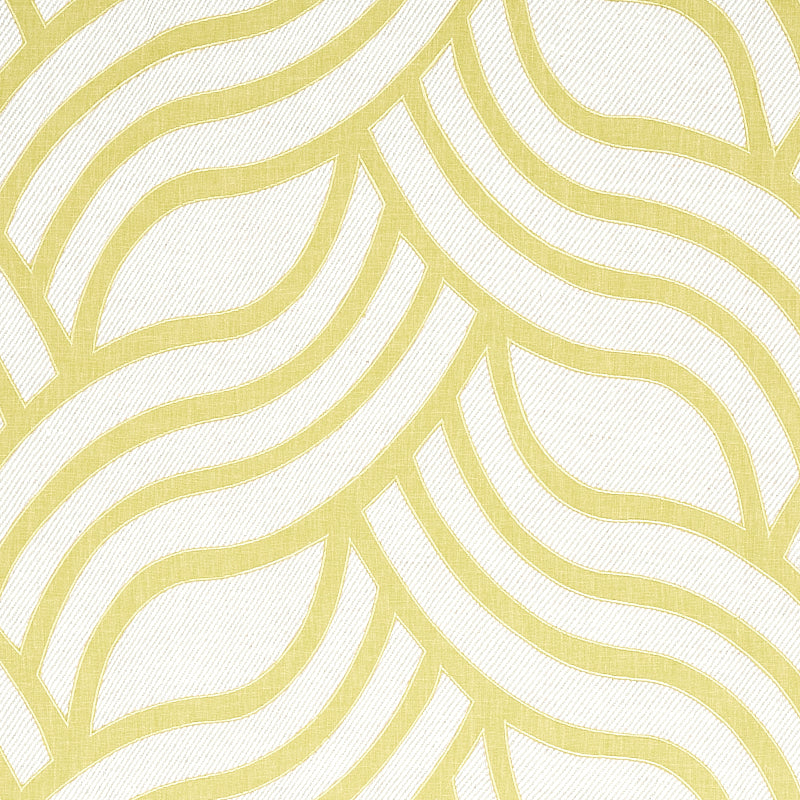 Abstract pale yellow wavy stripe pattern resembling leaves on a white textured wallpaper background.