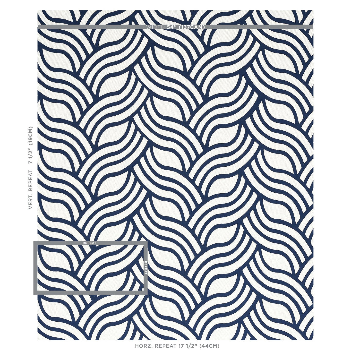 Navy and white wave-pattern textile with flowing curved lines; ocean-inspired fabric swatch with a small inset frame.