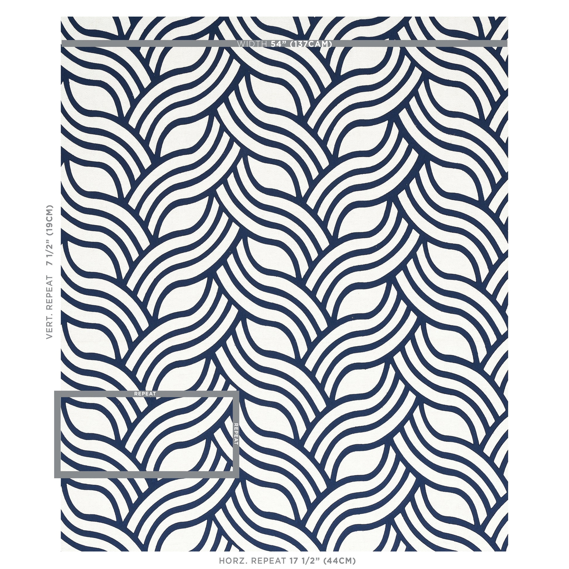 Navy and white wave-pattern textile with flowing curved lines; ocean-inspired fabric swatch with a small inset frame.