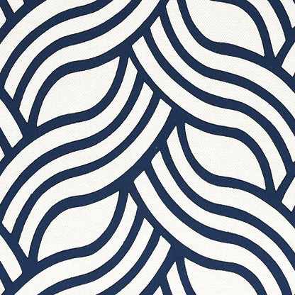 Navy blue curved lines weave across cream fabric in an abstract wavy stripe pattern.