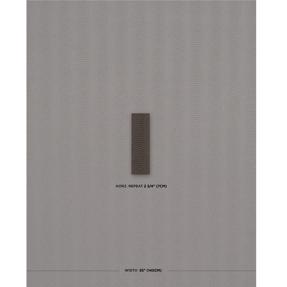 Grey wallpaper with subtle repeating arc pattern; centered dark vertical swatch sample.
