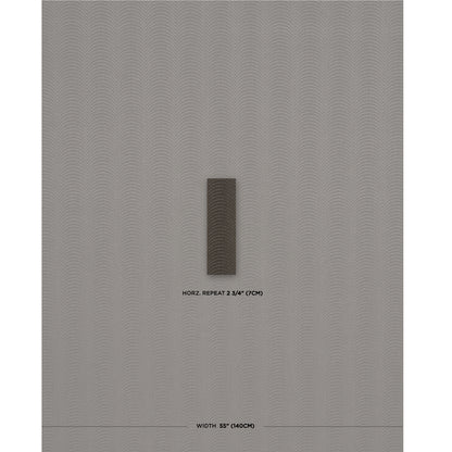 Grey wallpaper with subtle repeating arc pattern; centered dark vertical swatch sample.
