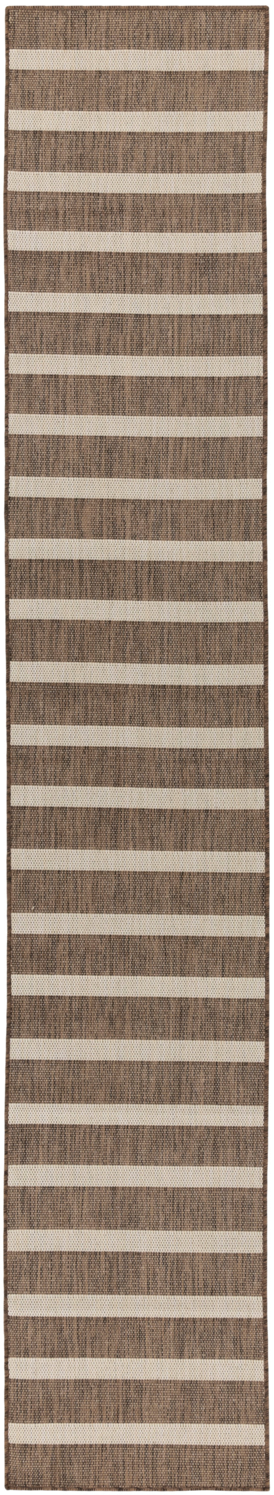 Long woven rug runner with horizontal beige stripes on a brown textured background; natural fiber hallway rug.