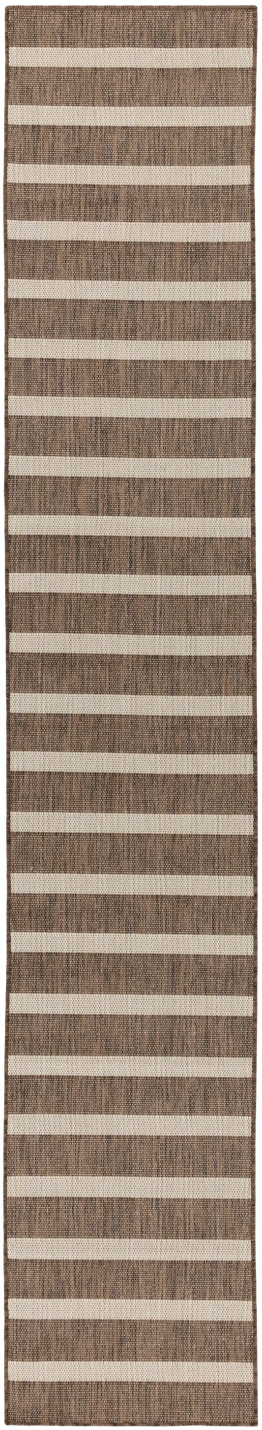 Long woven rug runner with horizontal beige stripes on a brown textured background; natural fiber hallway rug.