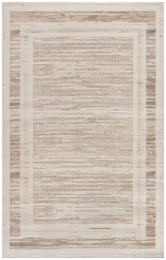Beige rectangular rug with a softly textured central field and layered tan border stripes.