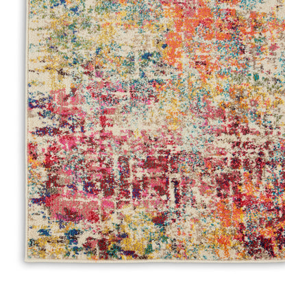 Abstract multicolor shag rug with cream base and pink, yellow, blue and orange splashes.