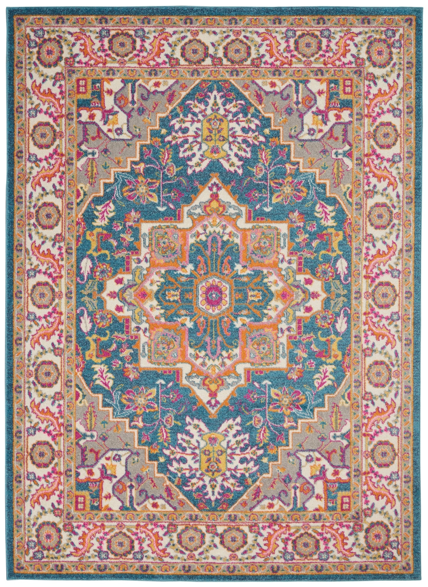 Rectangular Bohemian-style area rug with teal center, vibrant floral medallions, and pink-cream ornate border.