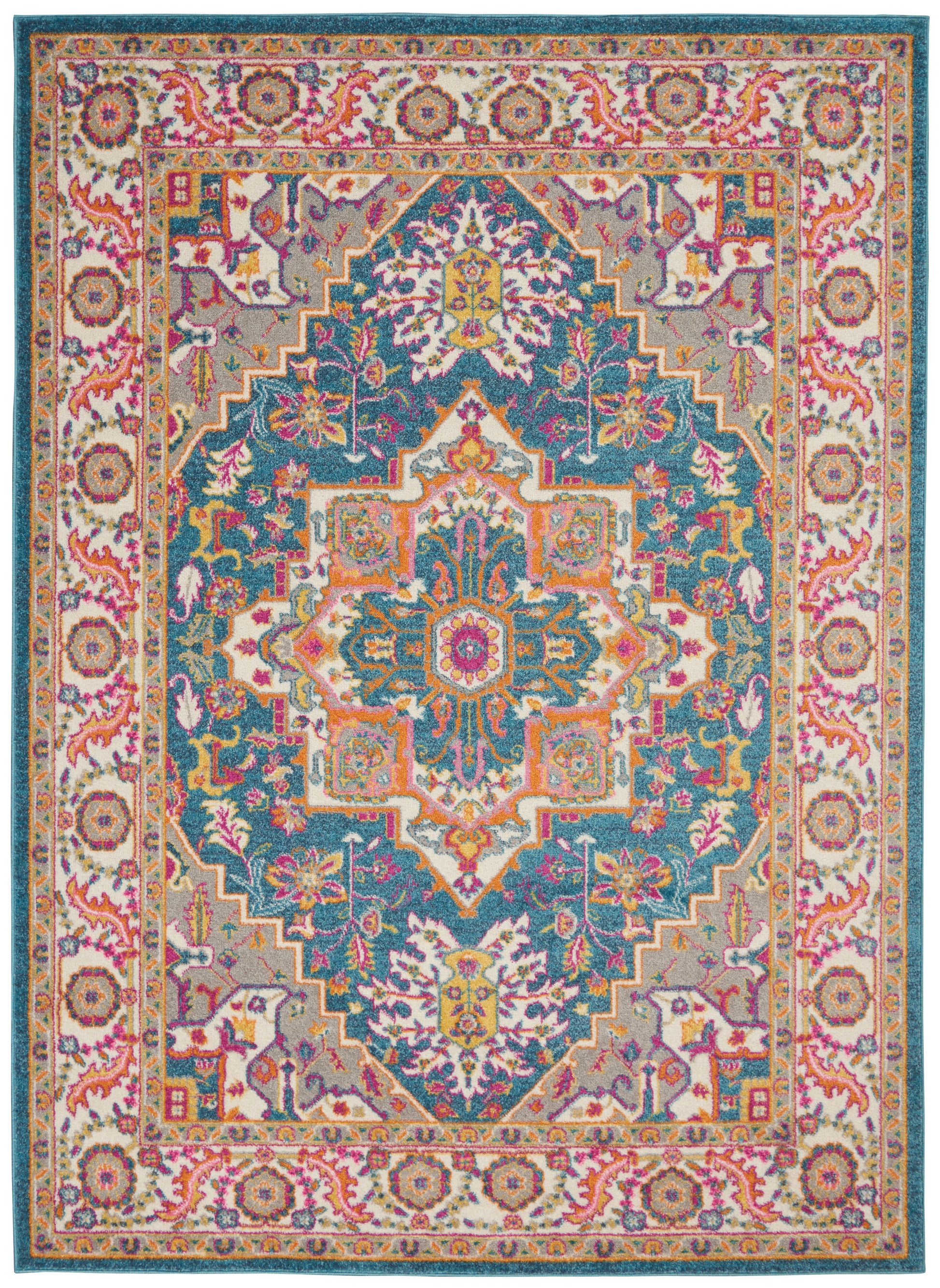 Rectangular Bohemian-style area rug with teal center, vibrant floral medallions, and pink-cream ornate border.