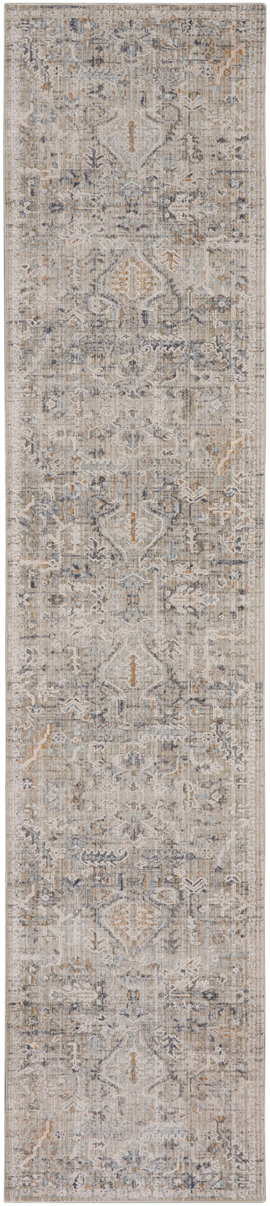 Distressed beige-gray runner rug with muted blue and tan oriental medallion and floral motifs.