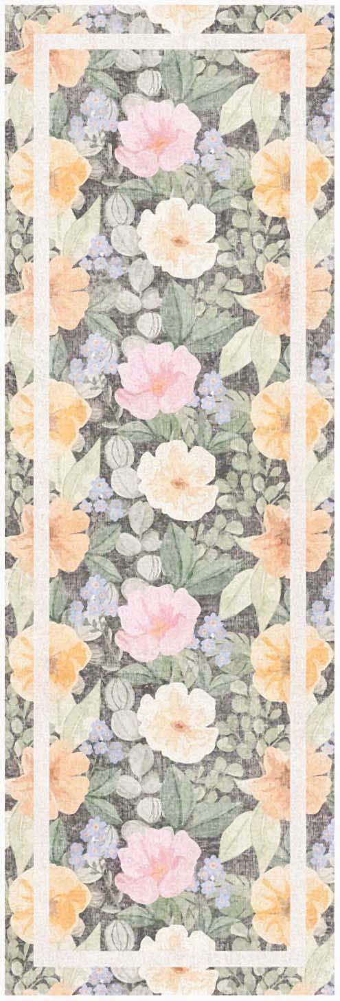 Floral print on a gray runner rug with peach and pink blossoms and green leaves; cream and peach border.