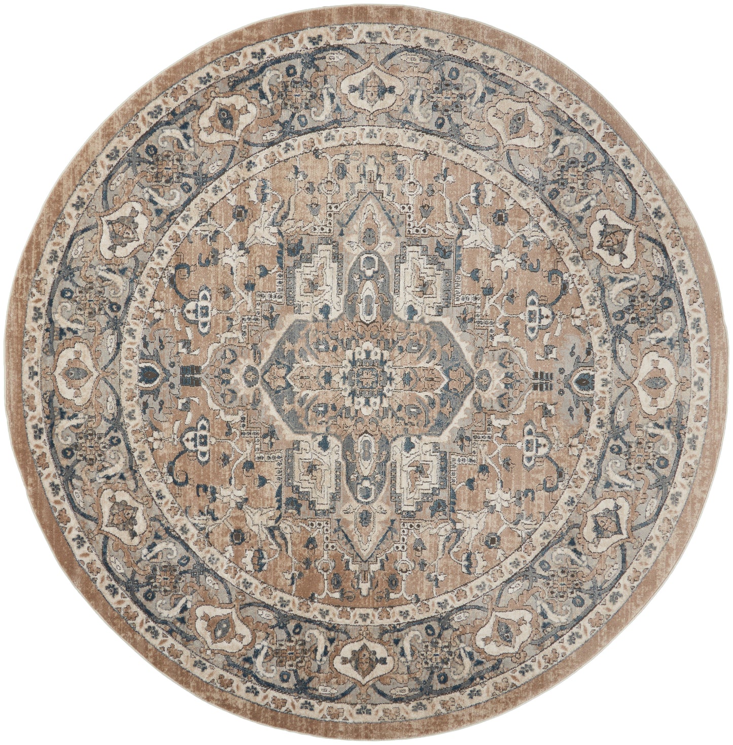 Round farmhouse rug with beige-tan field, blue-gray medallion pattern and floral border.