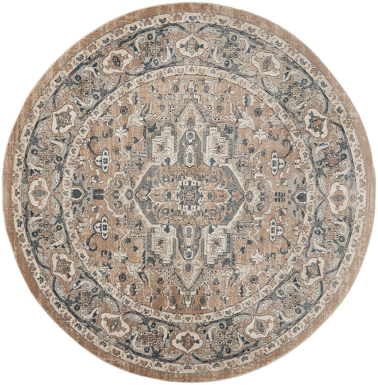 Round farmhouse rug with beige-tan field, blue-gray medallion pattern and floral border.
