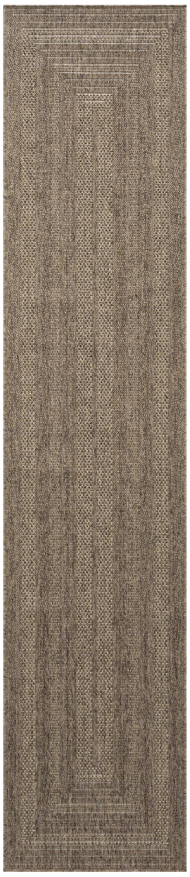 Long brown woven runner rug with subtle border and textured stripe pattern.