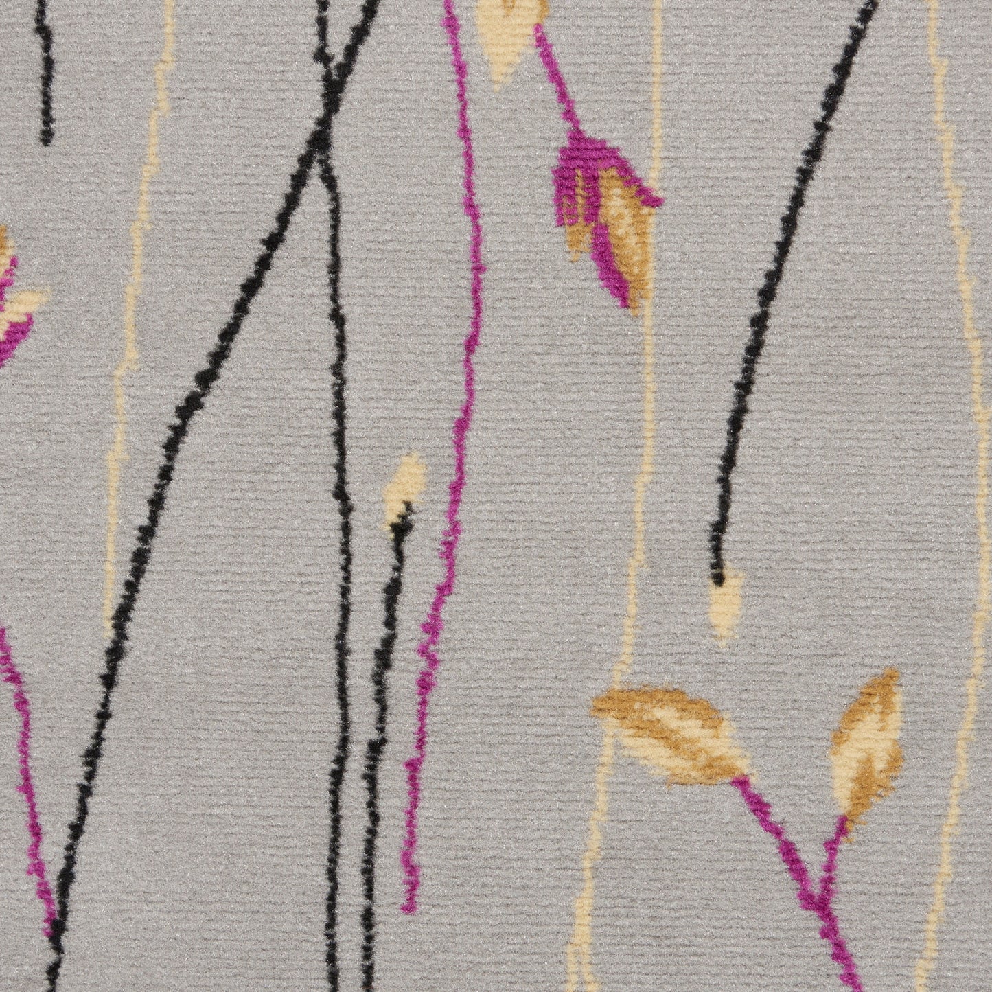 Light gray shag rug featuring abstract vertical lines in black, magenta & pale yellow with gold-brown leaf accents.