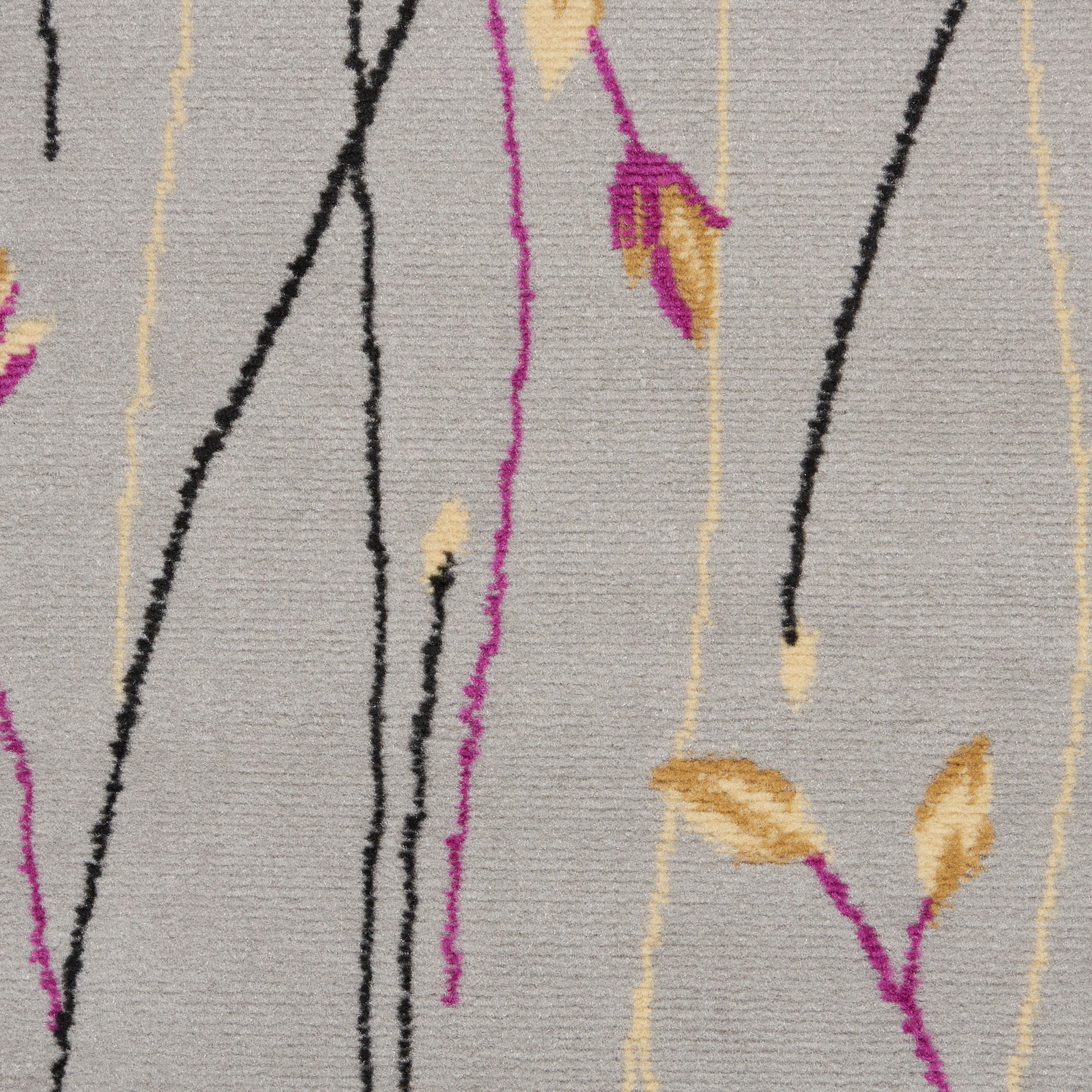 Light gray shag rug featuring abstract vertical lines in black, magenta & pale yellow with gold-brown leaf accents.