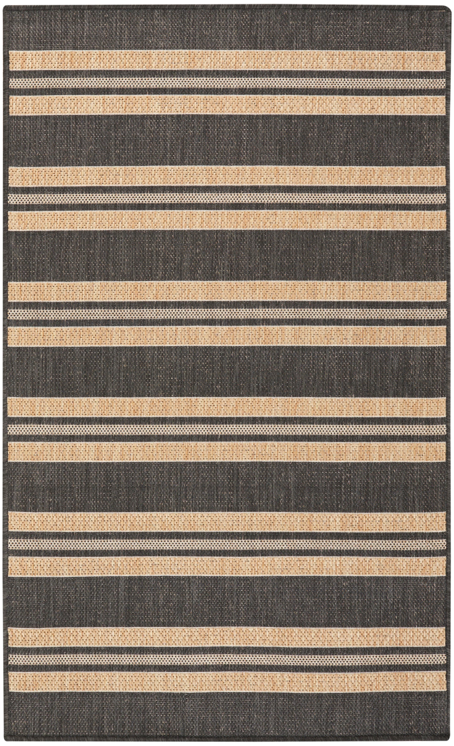 Dark charcoal rug with wide beige woven stripes and thin dotted beige lines in a horizontal striped pattern.