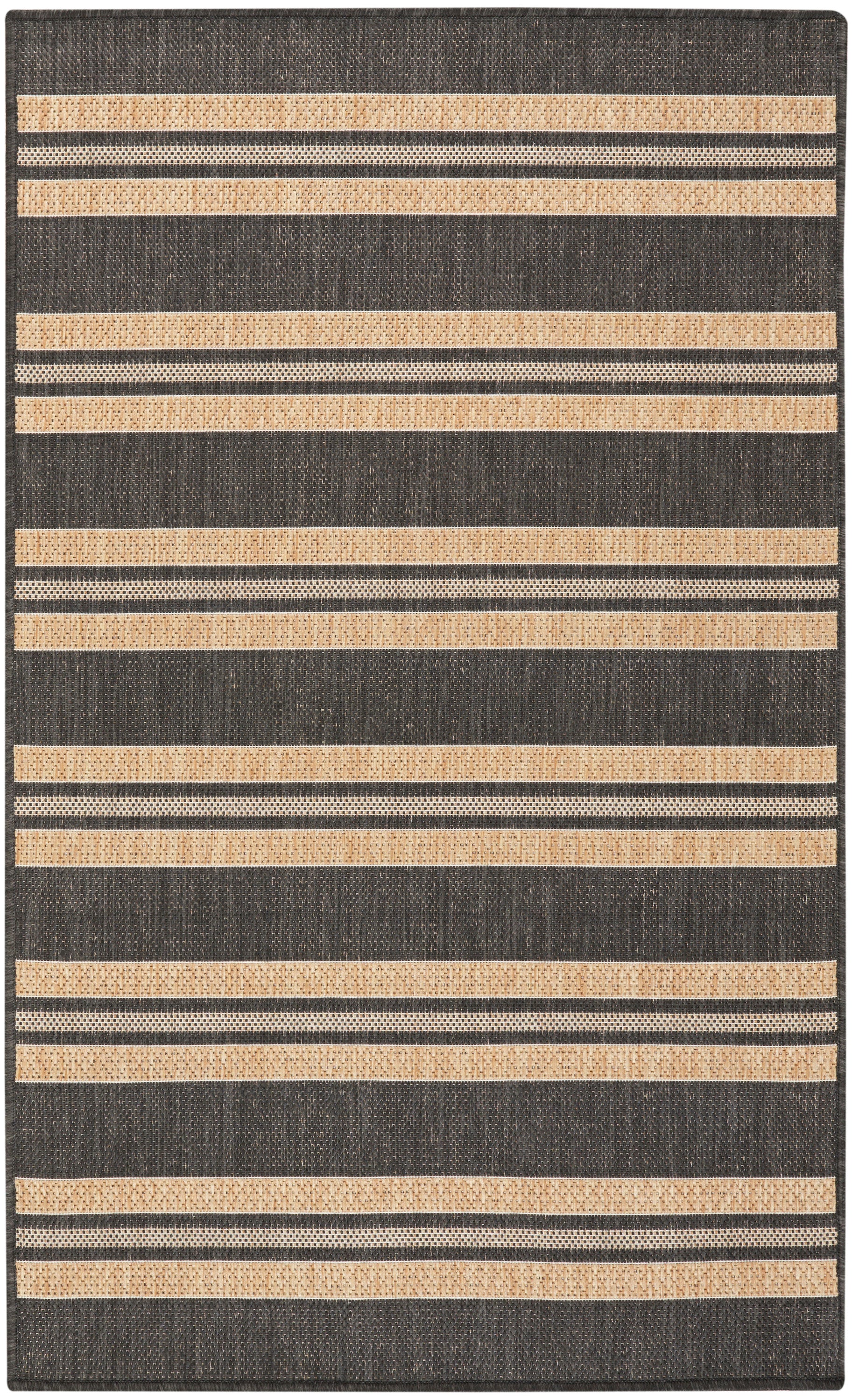 Dark charcoal rug with wide beige woven stripes and thin dotted beige lines in a horizontal striped pattern.