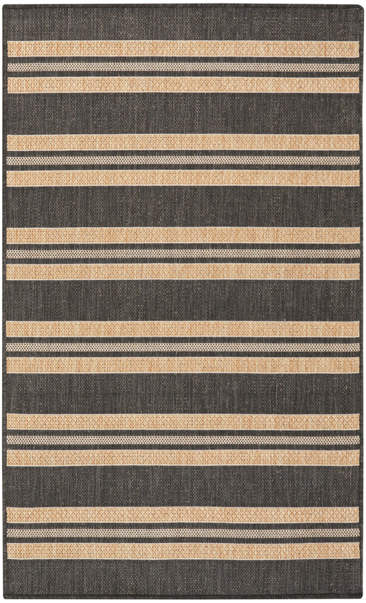 Dark charcoal rug with wide beige woven stripes and thin dotted beige lines in a horizontal striped pattern.