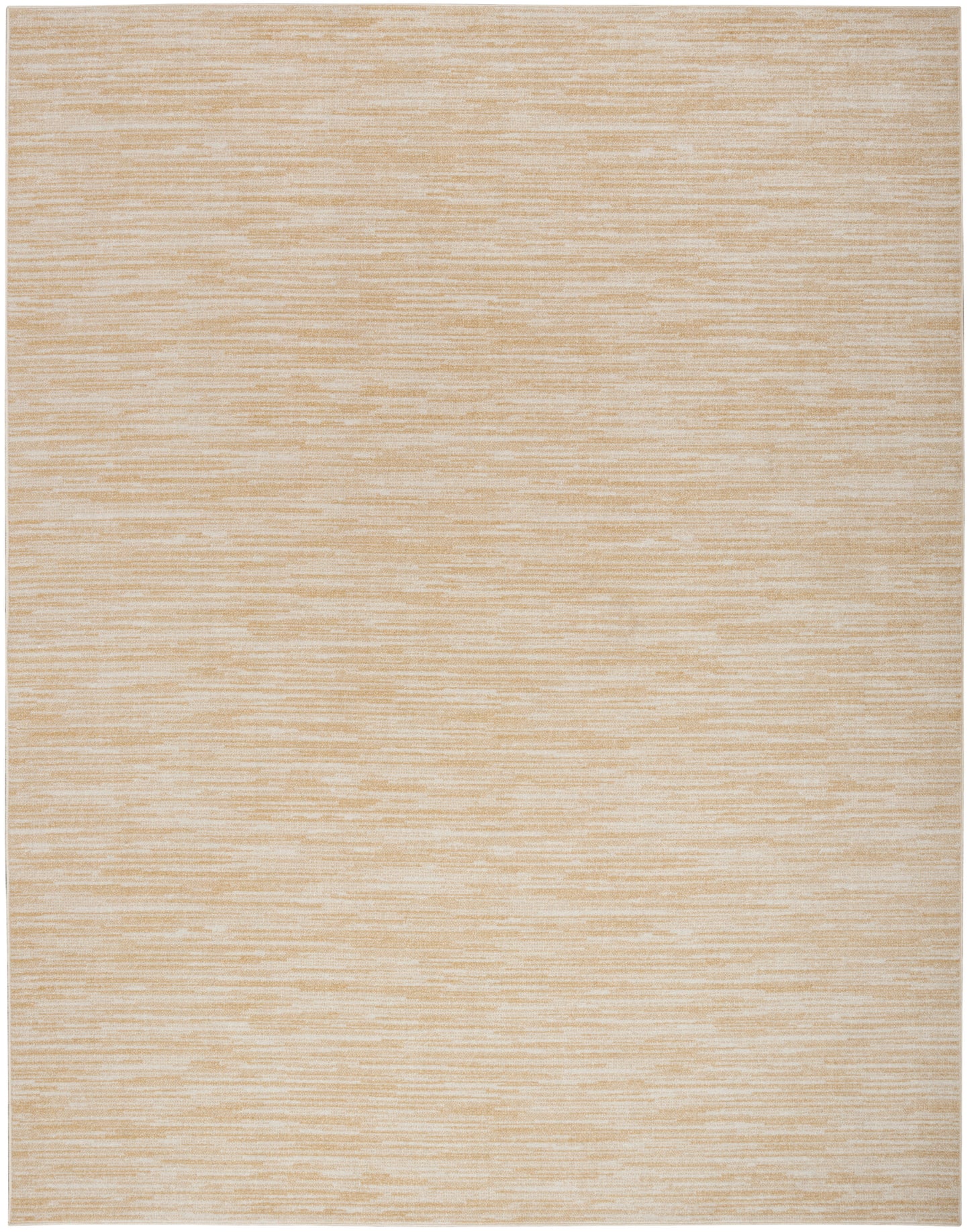 Beige outdoor flat-weave rug with subtle horizontal striations; neutral tan tones, rectangular 6' x 9'.