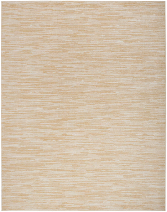 Beige outdoor flat-weave rug with subtle horizontal striations; neutral tan tones, rectangular 6' x 9'.