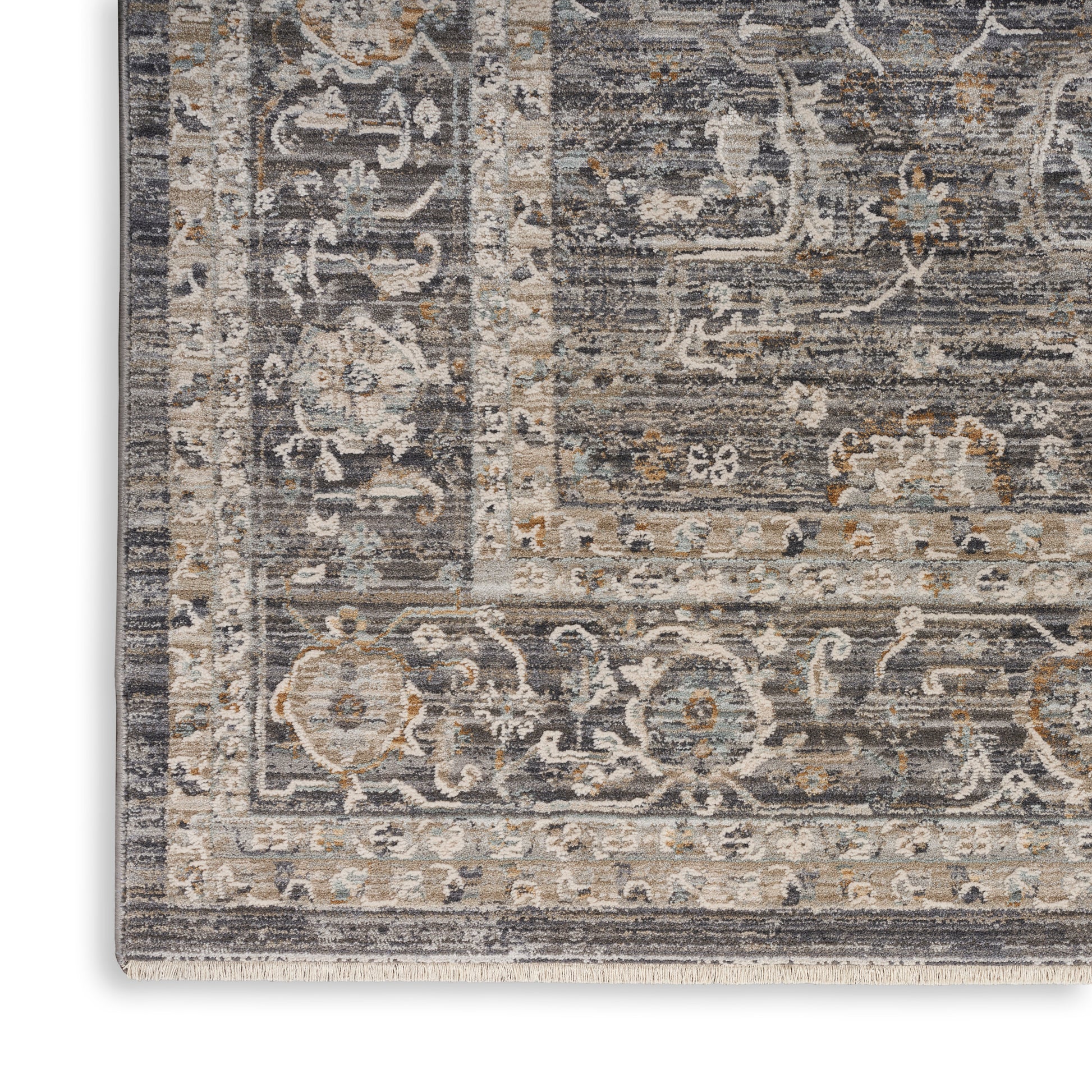 Close-up of a patterned area rug with ornate border in grey, ivory, beige & blue, fringed edge.