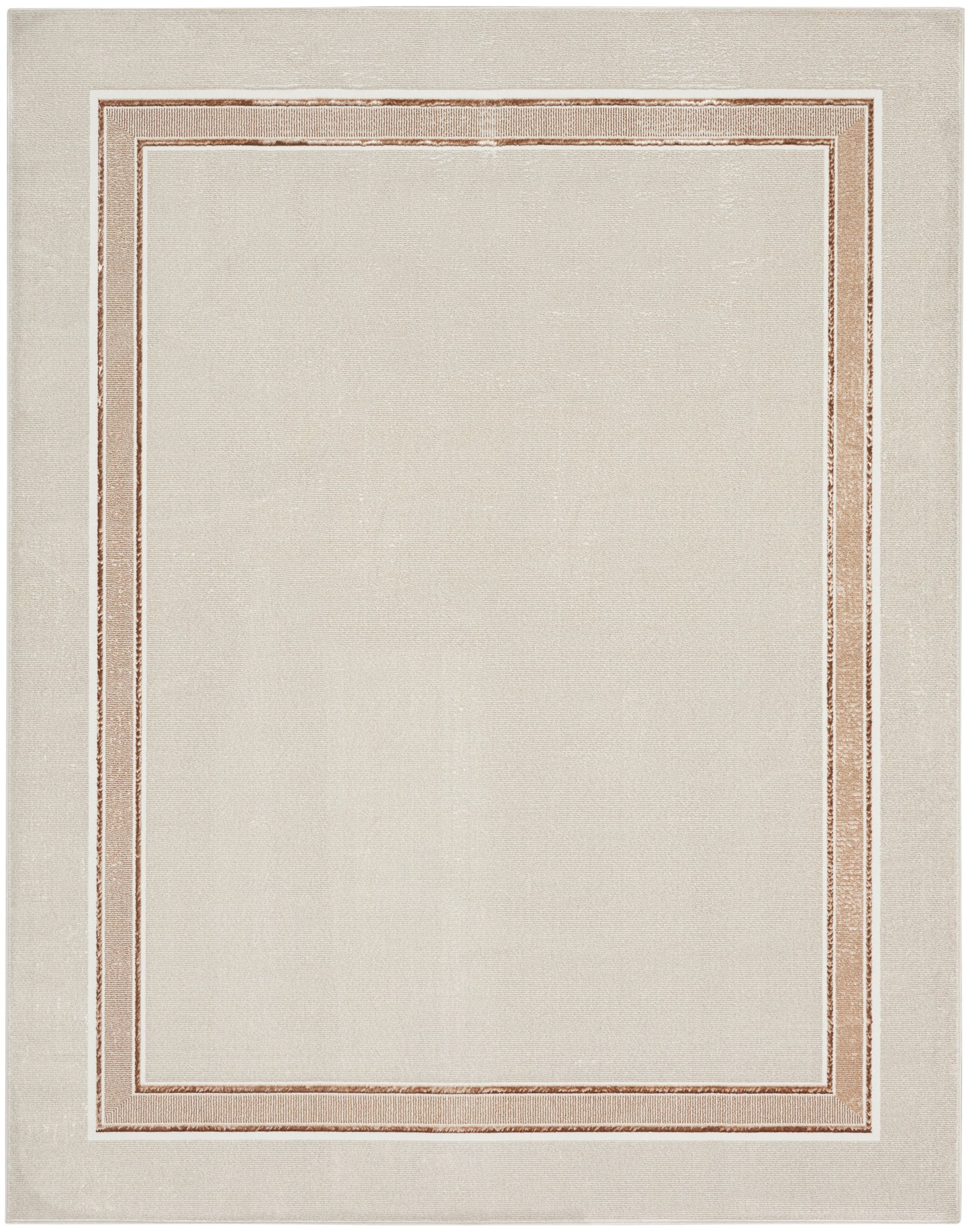 Beige rectangular rug with a cream central field and double copper-rose borders.