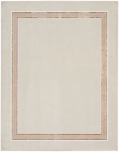Beige rectangular rug with a cream central field and double copper-rose borders.