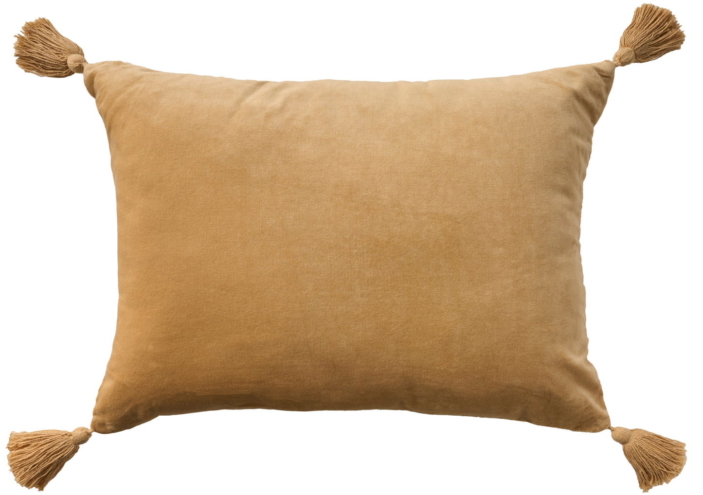Beige velvet rectangular throw pillow with tassels at all four corners.