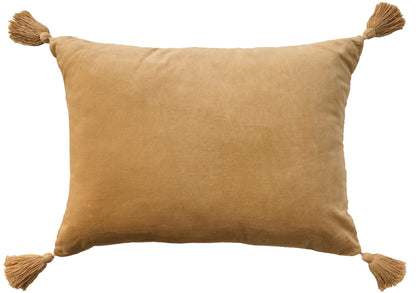 Beige velvet rectangular throw pillow with tassels at all four corners.