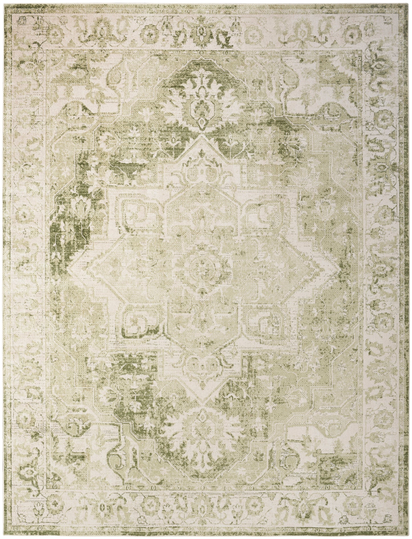 Distressed oriental-style rectangular area rug in beige-ivory with sage-green accents, central medallion, ornate border.