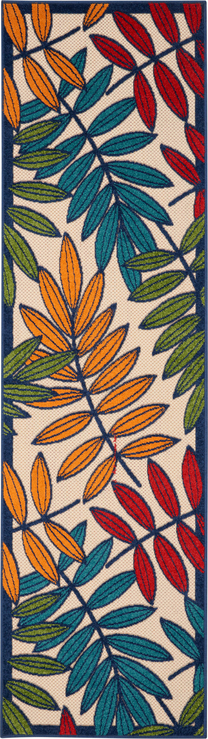 Long woven hallway runner rug with beige background and dark blue border; teal, green, orange and red tropical leaf pattern.