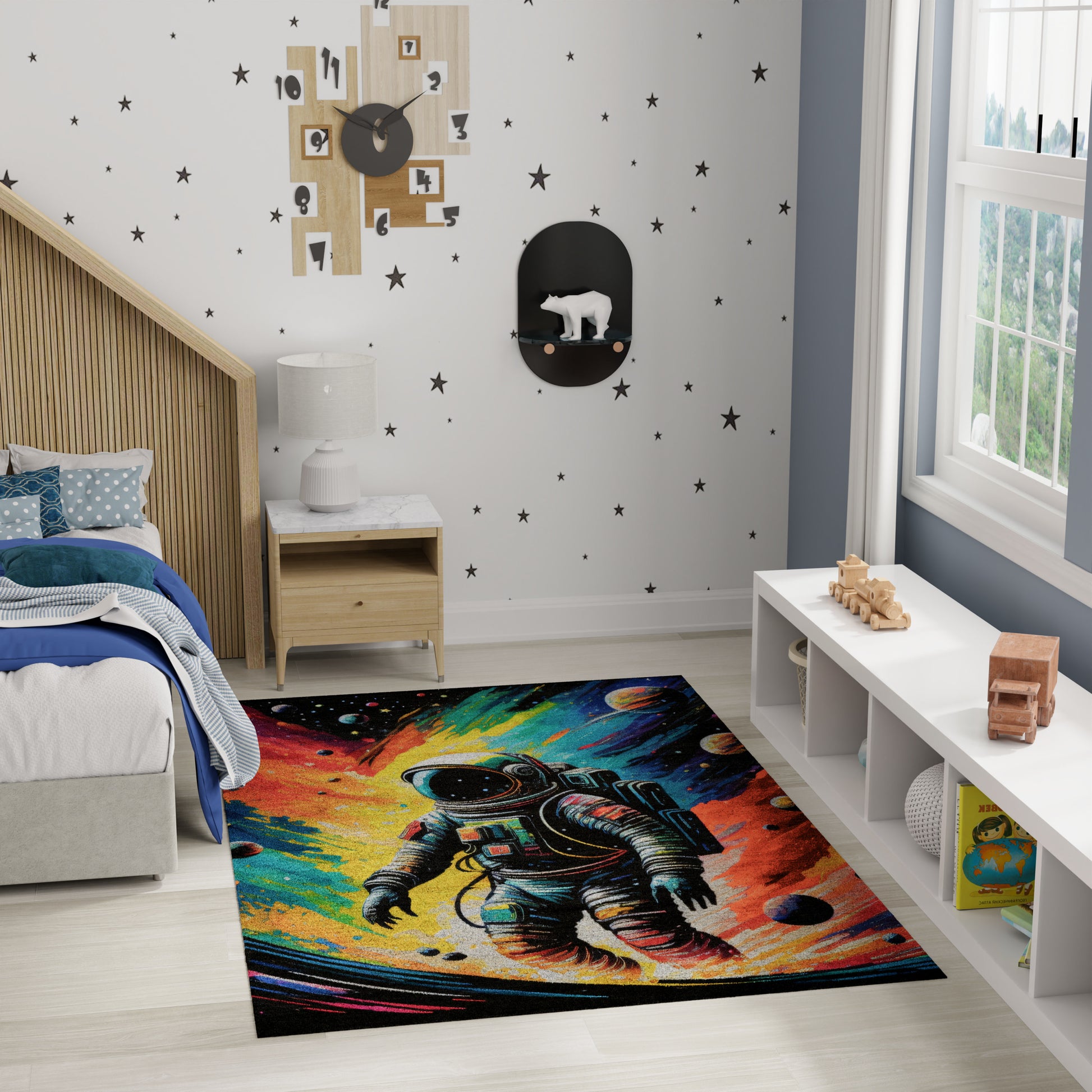 Colorful space-themed rug with an astronaut on a vibrant cosmic backdrop in a modern kids' bedroom.