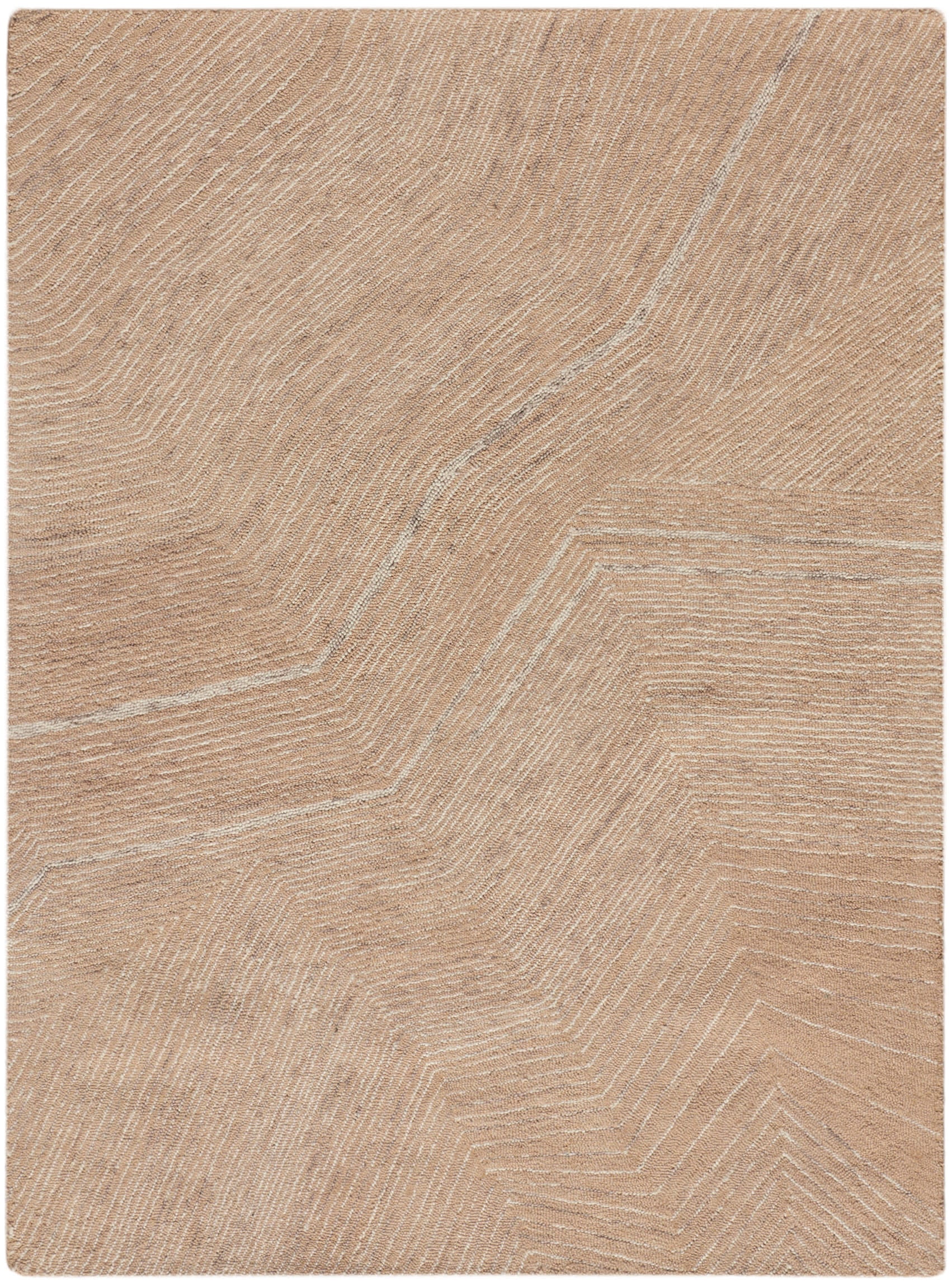 Warm beige rug with a subtle chevron parquet-inspired pattern.