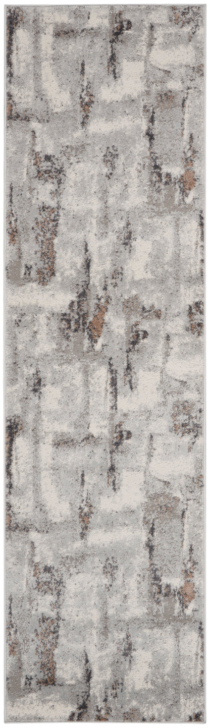Tall wallpaper sample with rustic distressed gray plaster texture and subtle brown specks.