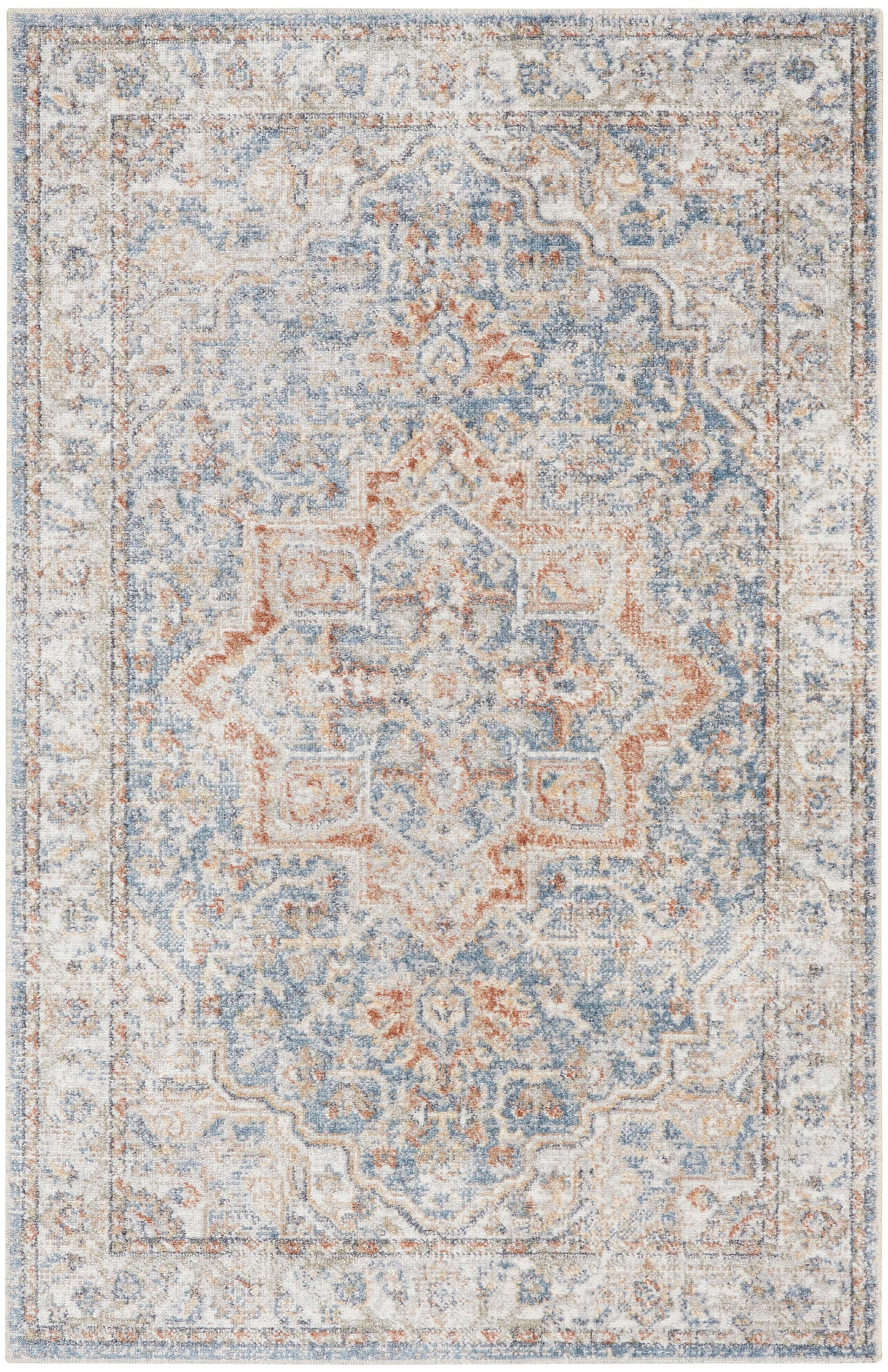 Rectangular machine-made rug in pale blue, ivory, and rust with a central floral medallion and ornate border.