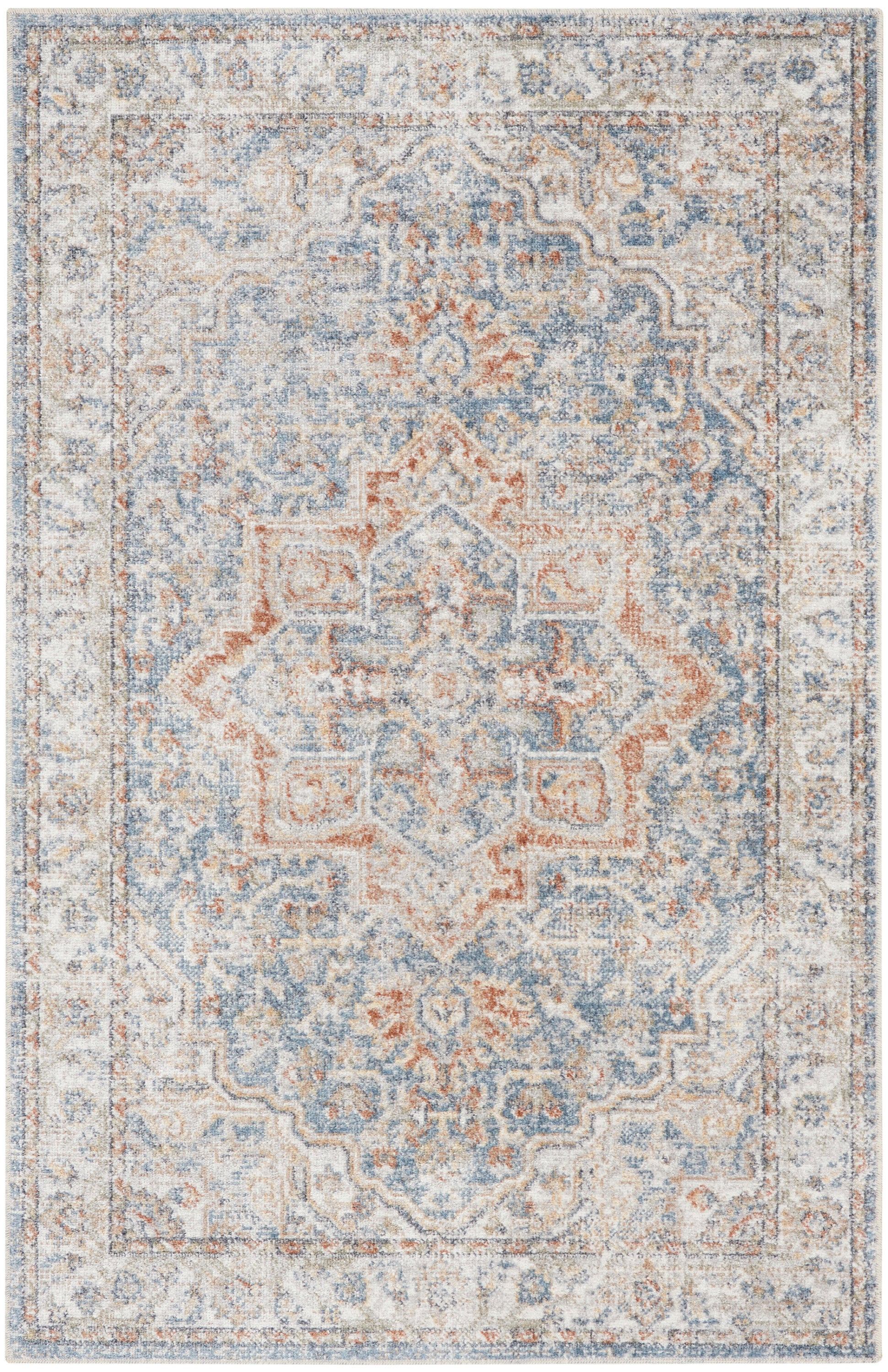 Rectangular machine-made rug in pale blue, ivory, and rust with a central floral medallion and ornate border.
