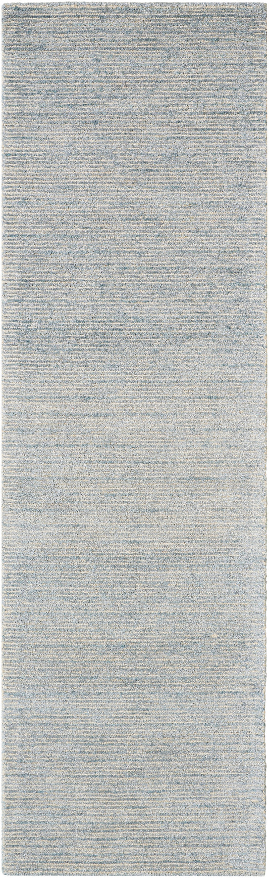 Light gray-blue textured rug runner; long, narrow hall rug with a subtle speckled heather finish.