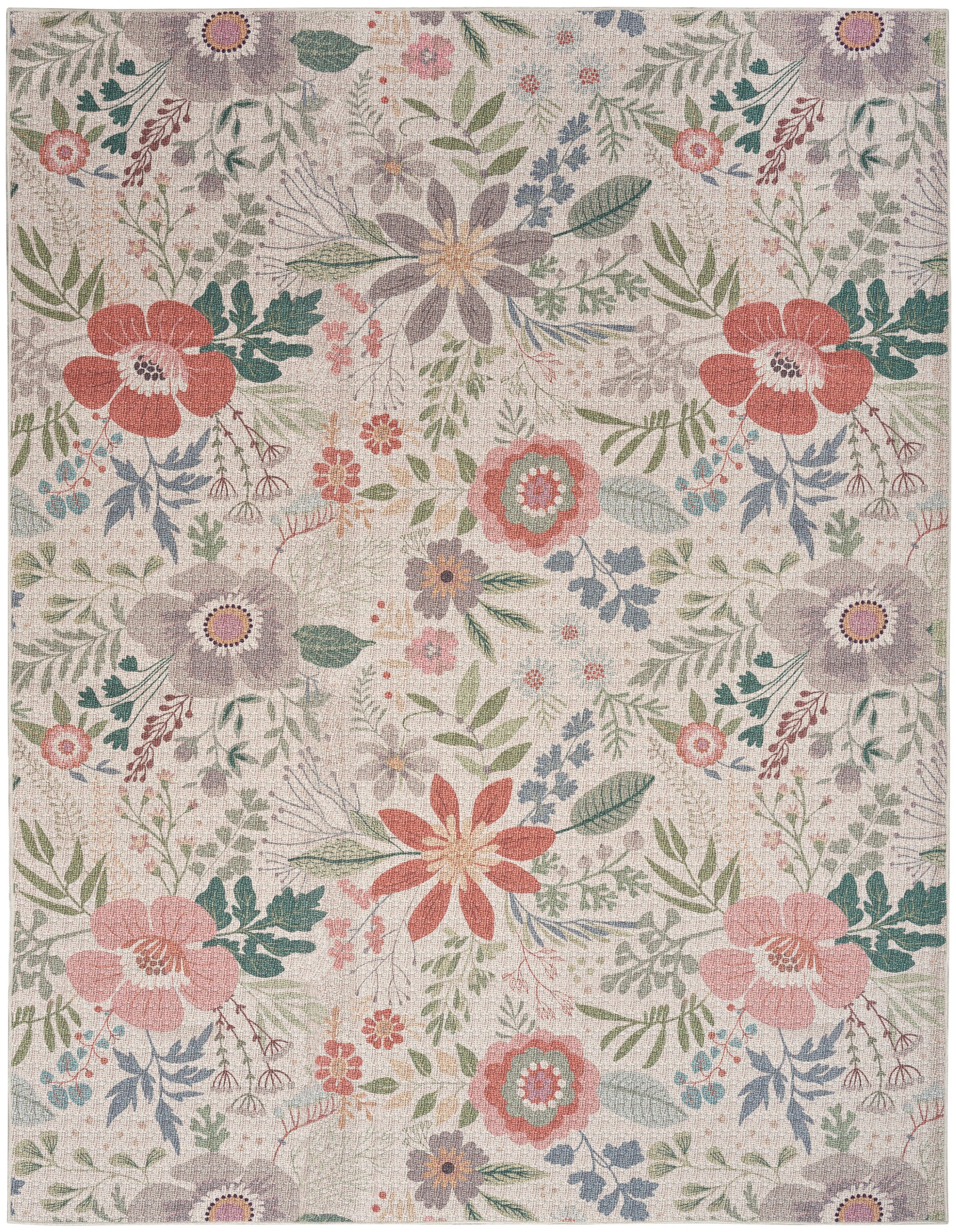 Pastel floral area rug with pink, coral, lavender blooms and green foliage on a beige woven backdrop.