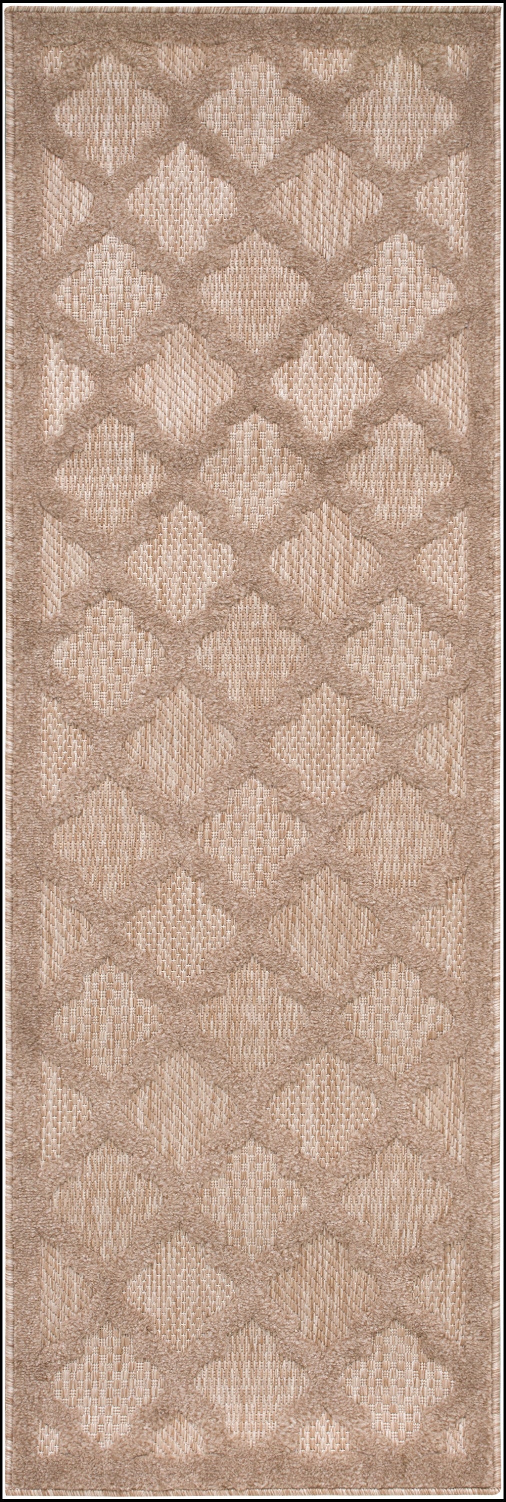 Beige-brown outdoor 6' runner rug with a repeating interlocking diamond lattice and a textured woven surface.