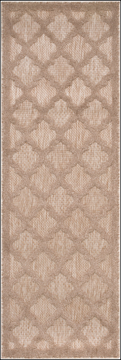 Beige-brown outdoor 6' runner rug with a repeating interlocking diamond lattice and a textured woven surface.