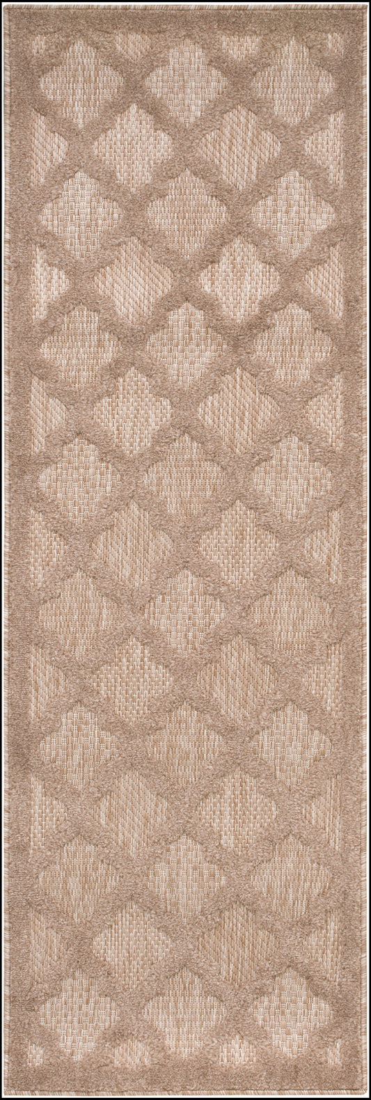 Beige-brown outdoor 6' runner rug with a repeating interlocking diamond lattice and a textured woven surface.