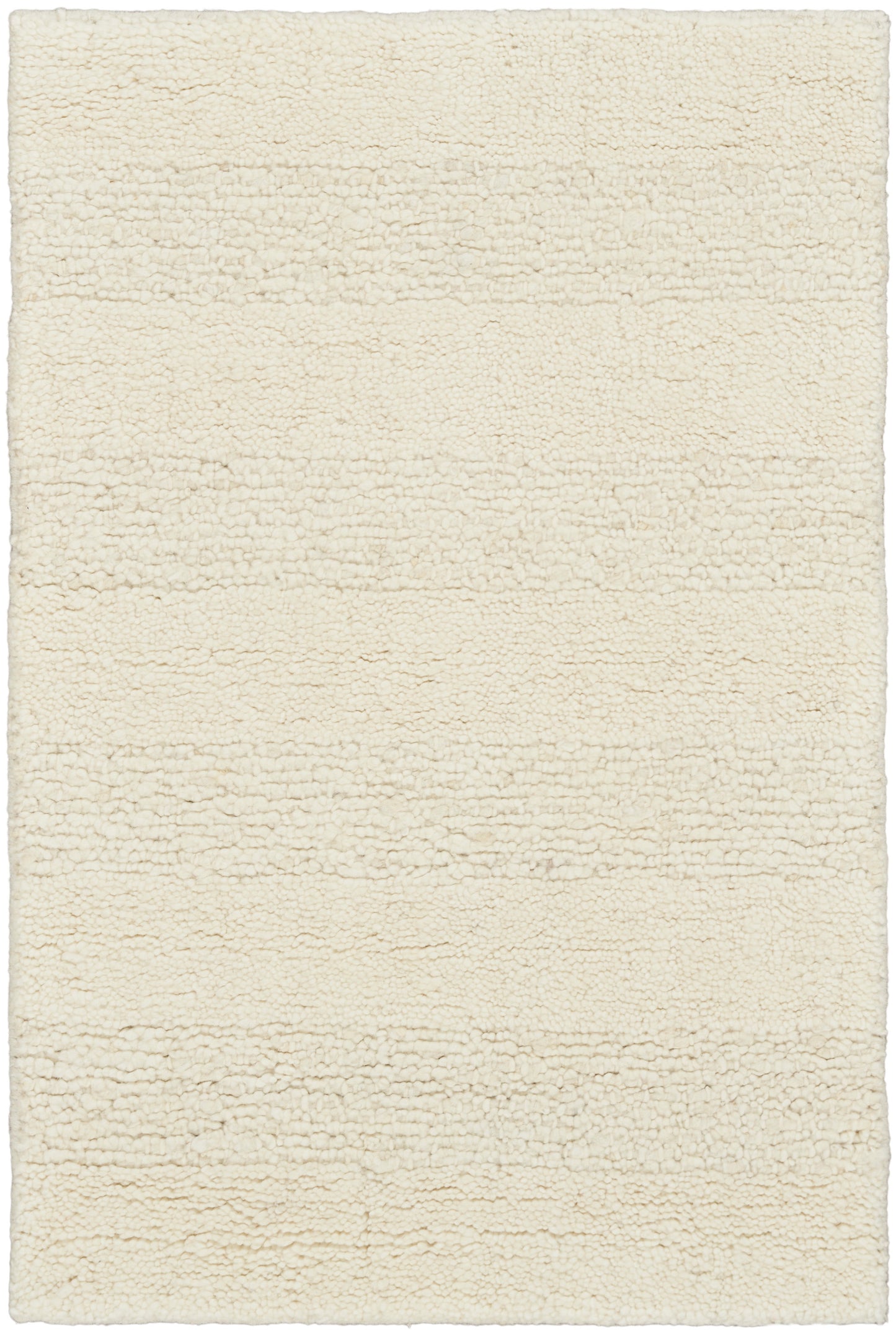 Ivory boucle shag rug with dense, soft loops; rectangular floor covering for living spaces.