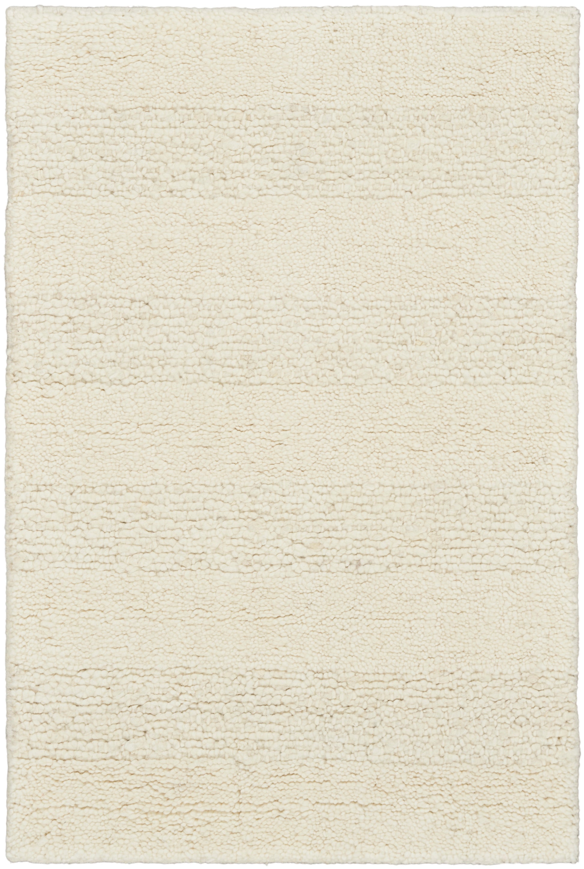 Ivory boucle shag rug with dense, soft loops; rectangular floor covering for living spaces.