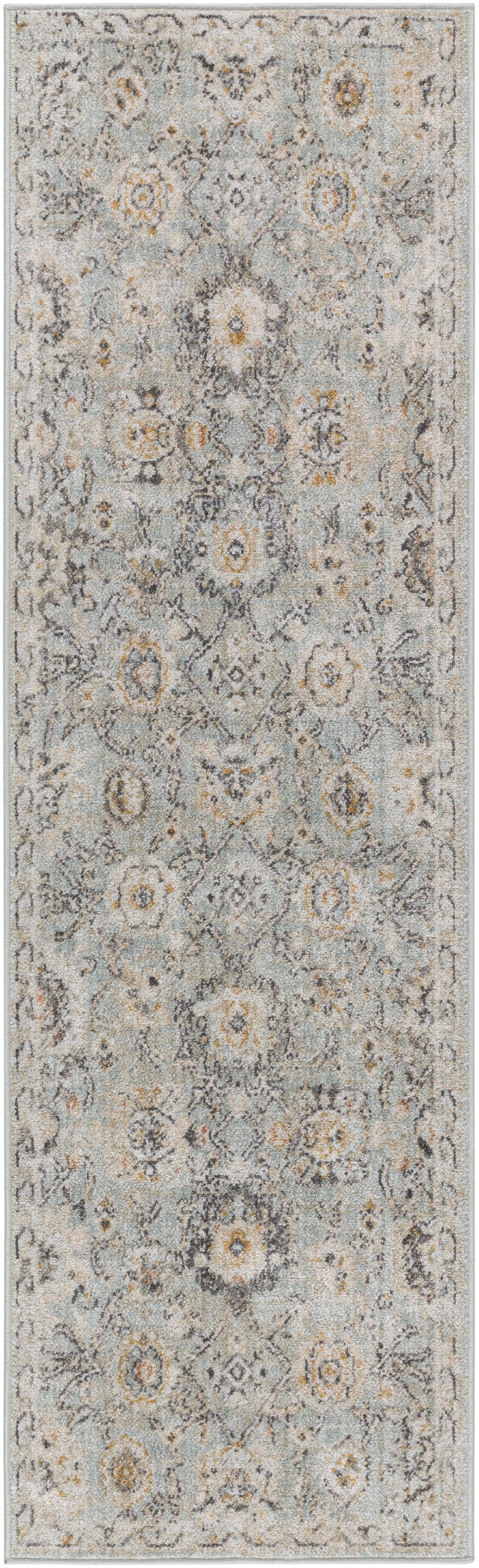 Rectangular light blue-gray oriental rug with ivory, tan and yellow floral medallions; distressed vintage pattern.