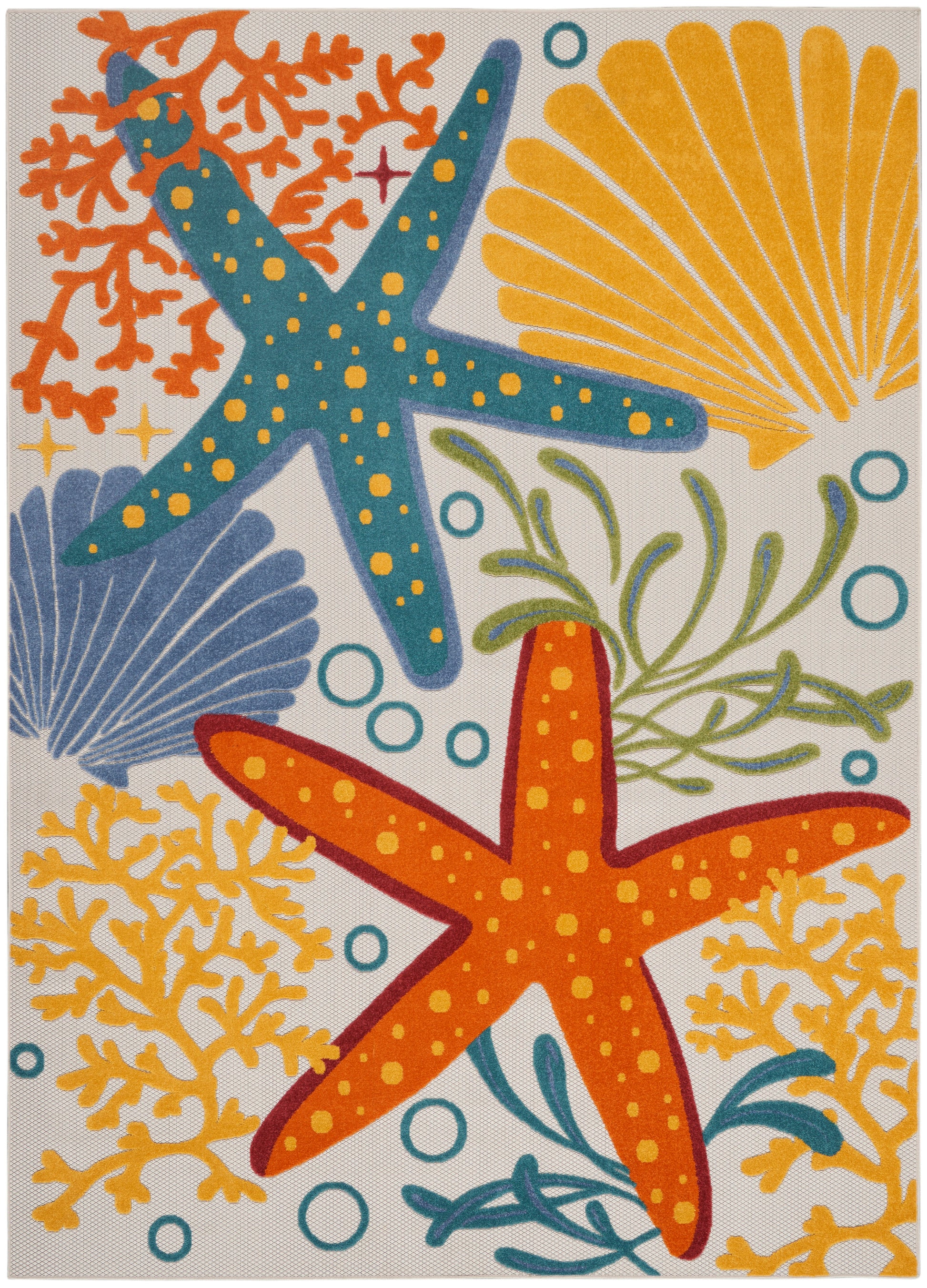 Coastal-themed area rug featuring orange and blue starfish, yellow coral, seaweed and shells in bright tropical colors.