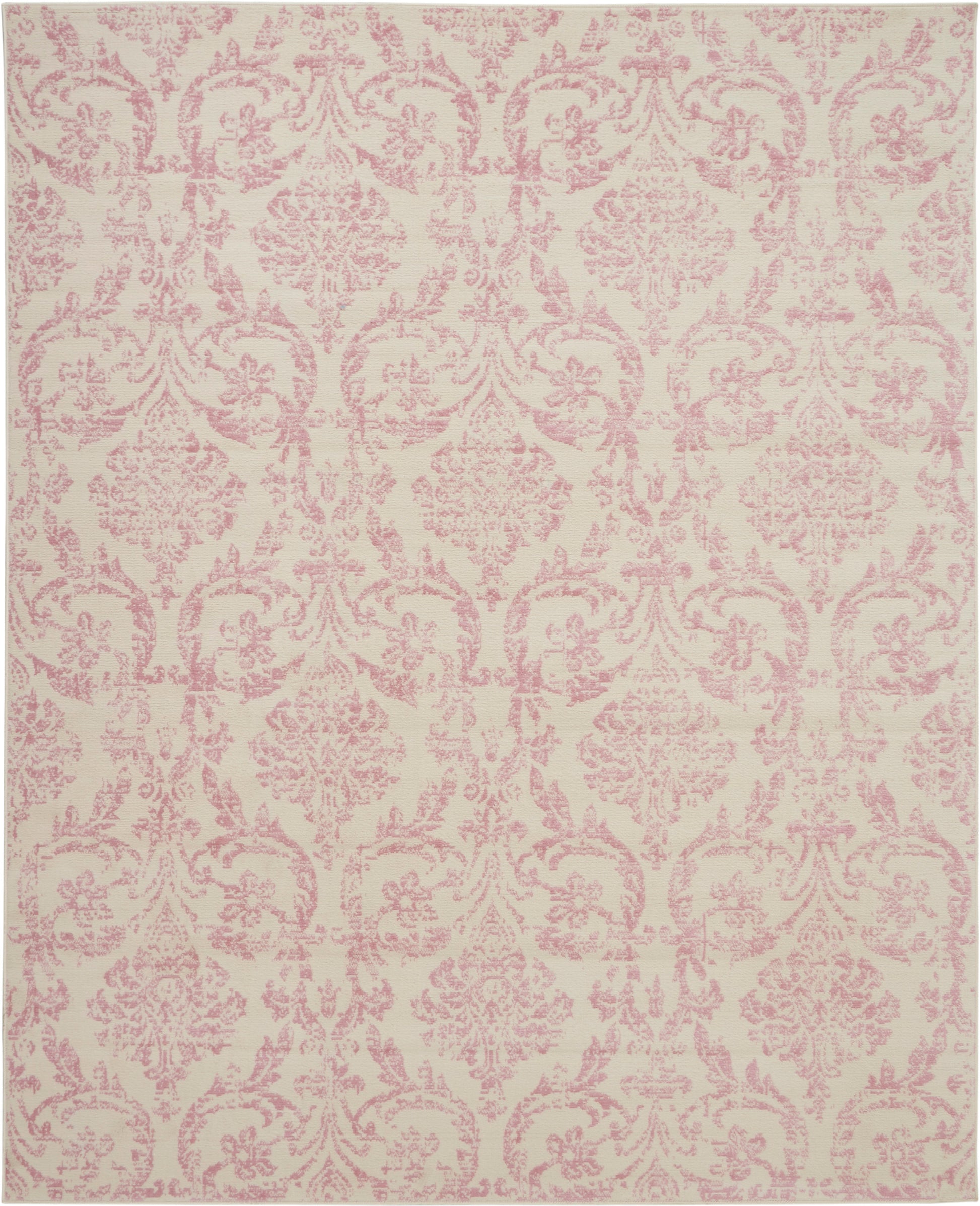 Cream rug with pink damask pattern and ornate floral scroll motifs, 8' x 10'.